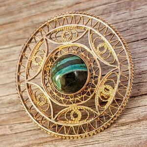 Vintage Gold Over Coin Silver Filgree Pin Brooch with Stone